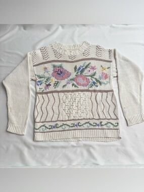 Chunky Cottage Sweater Vintage 80s 90s Art Pastel Oversized Floral S Embroidered